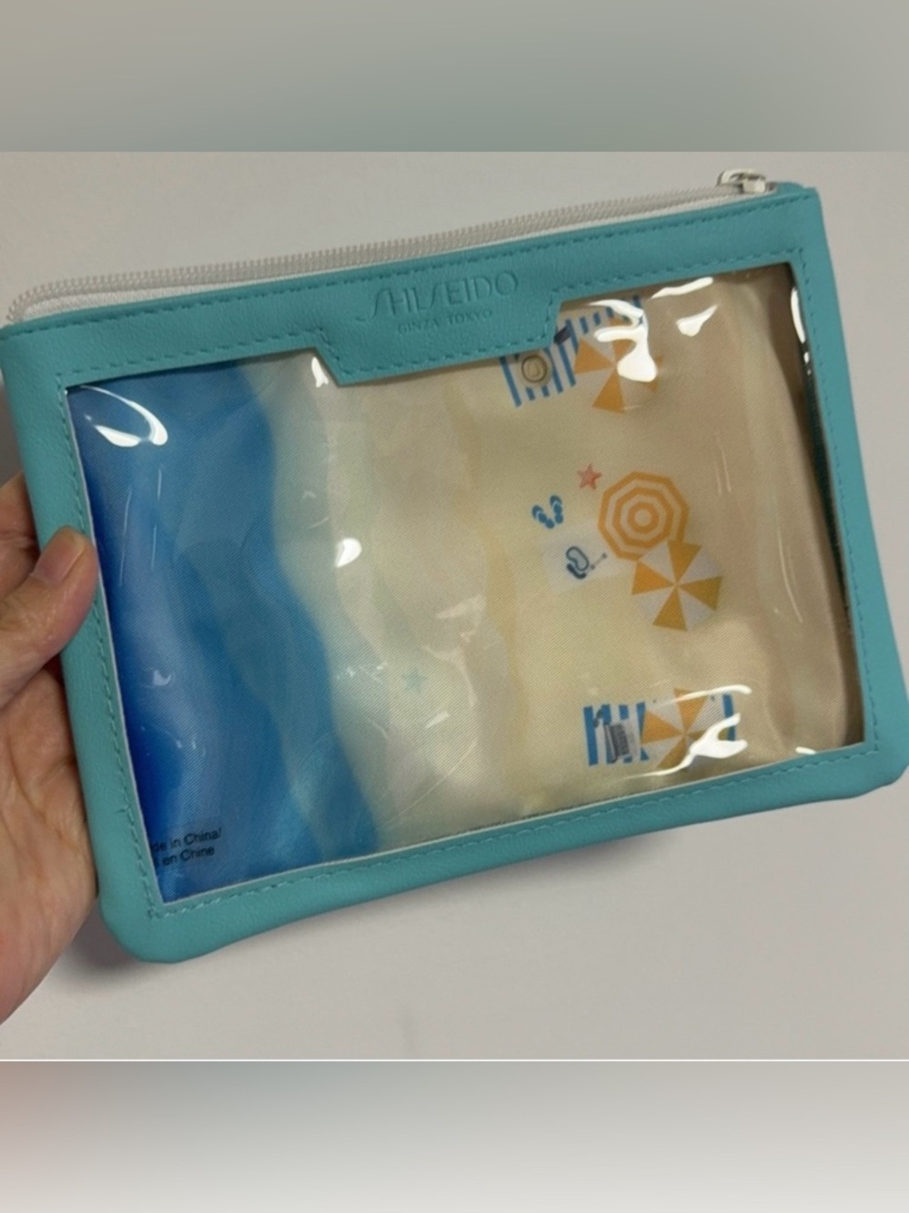 New Shiseido blue and clear vinyl beach-themed makeup bag/cosmetic travel bag